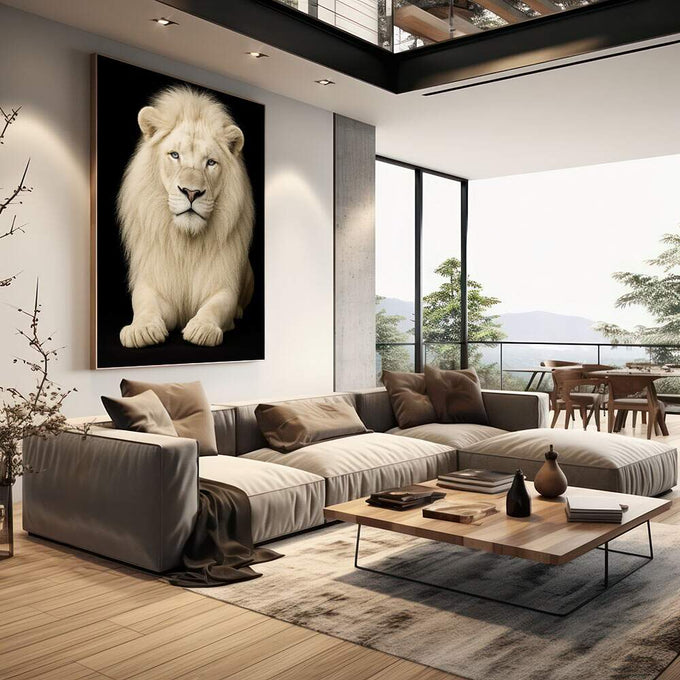 Quadro Decorativo Majestoso Leão | quadros decorativos | Leão branco majestoso com juba volumosa, olhos azuis, composição frontal realista em preto e branco. | em Quadros para Escritorio | Porao dos Quadros