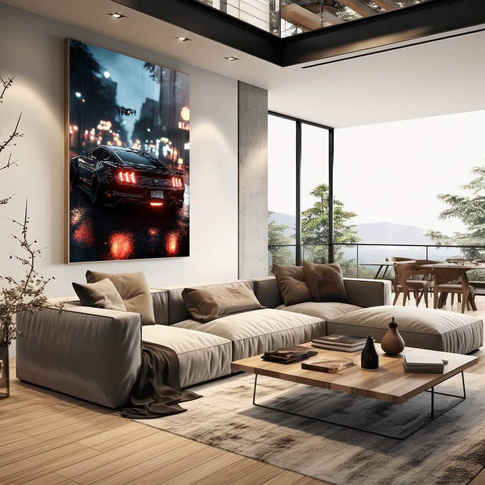 Quadro Decorativo: Noite Urbana com Carro Esportivo | quadros decorativos | Mustang vermelho em chuva noturna com lanternas vermelhas brilhantes em rua urbana | em Quadros para Escritorio | Porao dos Quadros