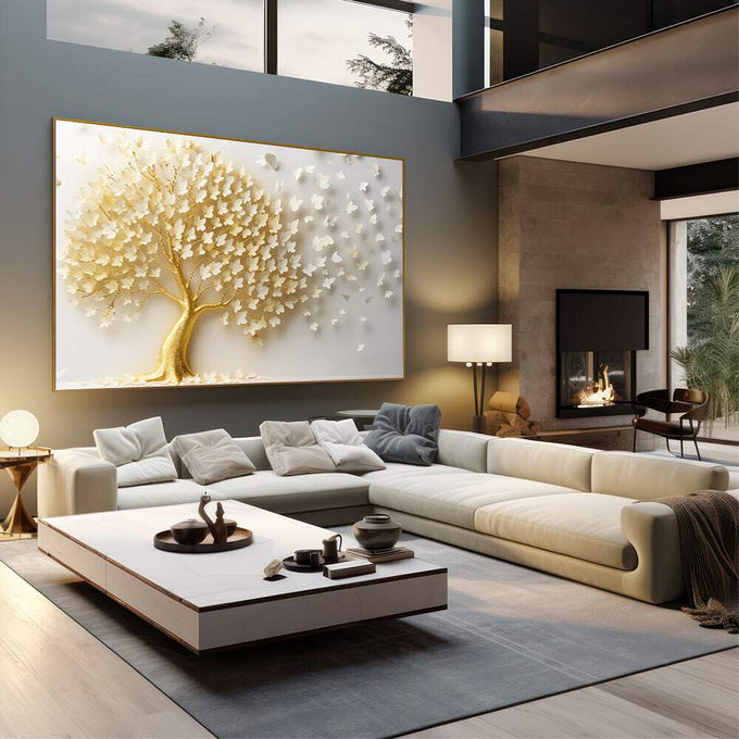 Quadro Decorativo Árvore Dourada | quadros decorativos | Árvore com tronco dourado e folhas em relevo branco em composição majestosa | em Quadros para Escritorio | Porao dos Quadros
