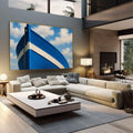 Quadro Decorativo Navegação Tranquila Marítima | quadros decorativos | Proa de barco azul e branco com corrente de âncora contra céu nublado. | em Quadros para Escritorio | Porao dos Quadros