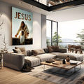 Jesus ajoelhado estendendo as mãos para uma menina, com a palavra Jesus sobre fundo azul, quadro decorativo