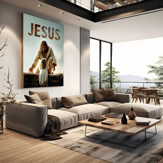 Jesus ajoelhado estendendo as mãos para uma menina, com a palavra Jesus sobre fundo azul, quadro decorativo