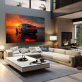 Quadro Decorativo Carro e Pôr do Sol | quadros decorativos | Porsche vermelho ao pôr do sol na praia com reflexos em água molhada | em Quadros para Escritorio | Porao dos Quadros