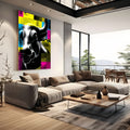 Cabeça de touro em preto e branco sobre fundo pop art amarelo, rosa e azul, quadro decorativo