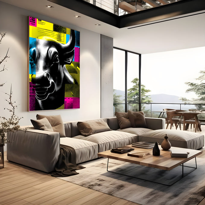 Cabeça de touro em preto e branco sobre fundo pop art amarelo, rosa e azul, quadro decorativo