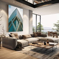 Quadro Decorativo Reflexos do Futuro Imponente | quadros decorativos | Edifício moderno em perspectiva ascendente com fachada azul vidrada e estrutura geométrica branca | em Quadros para Escritorio | Porao dos Quadros