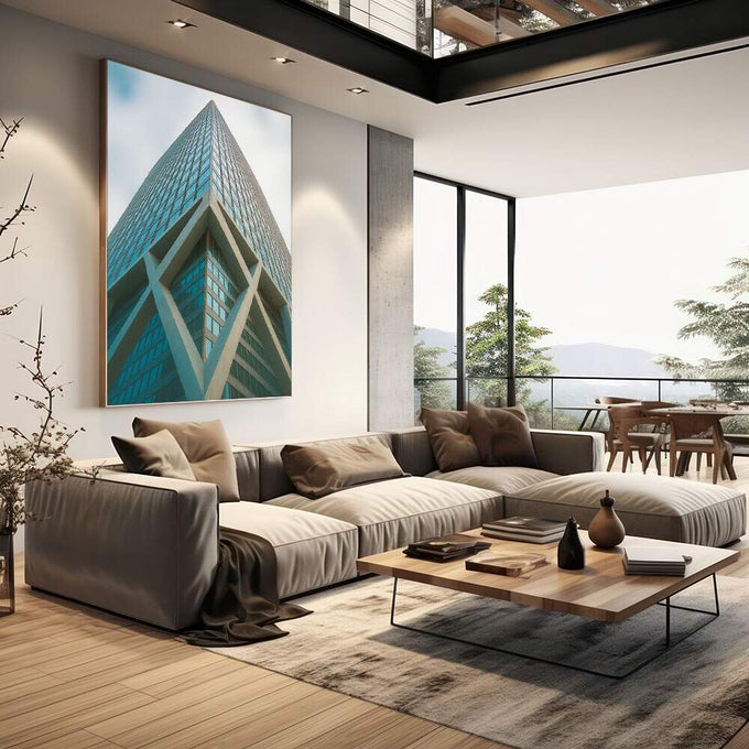 Quadro Decorativo Reflexos do Futuro Imponente | quadros decorativos | Edifício moderno em perspectiva ascendente com fachada azul vidrada e estrutura geométrica branca | em Quadros para Escritorio | Porao dos Quadros