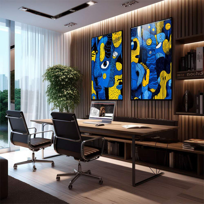 Quadro Decorativo Minimalista Fluído em Azul e Amarelo | quadros decorativos | Faces abstratas azul e amarelo com padrões geométricos e olhos expressivos em composição vibrante | em Quadros para Escritorio | Porao dos Quadros
