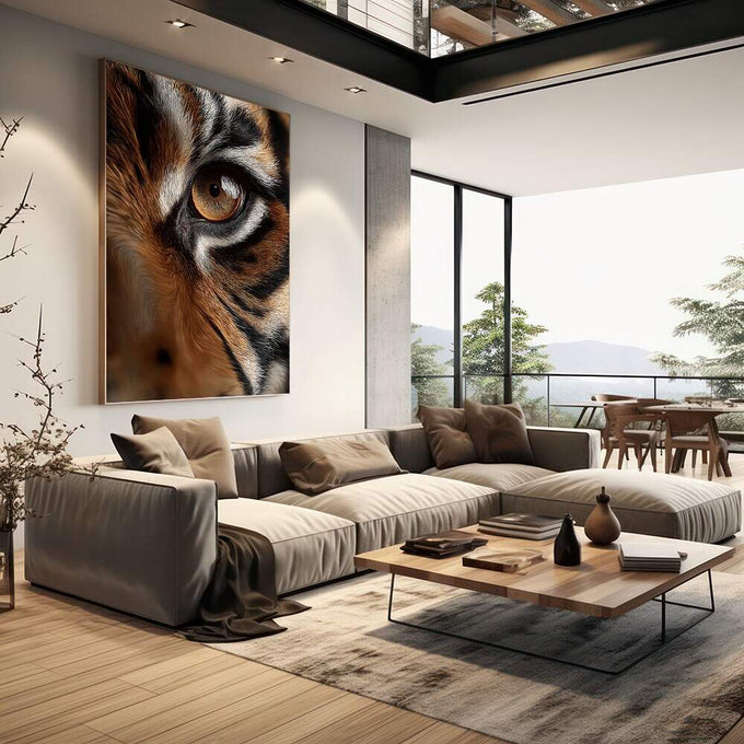 Quadro Decorativo Olho de Tigre Majestoso | quadros decorativos | Tigre em preto e branco com olho âmbar vibrante em composição realista fotográfica | em Quadros para Escritorio | Porao dos Quadros