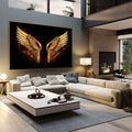 Quadro Decorativo Asas Douradas Elegantes | quadros decorativos | Asas douradas incandescentes em chamas com efeito luminoso sobre fundo preto absoluto | em Quadros para Escritorio | Porao dos Quadros