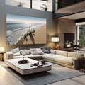Quadro Decorativo Jesus Harmonia à Beira do Mar | quadros decorativos | Surfista caminhando na praia ao entardecer com sombra alongada e ondas ao fundo | em Quadros para Escritorio | Porao dos Quadros