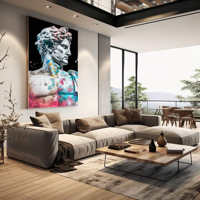 Quadro Decorativo Bustos Clássicos e Modernos | quadros decorativos | Busto clássico em branco com aguarela rosa, azul e amarelo em composição contemporânea. | em Quadros para Escritorio | Porao dos Quadros