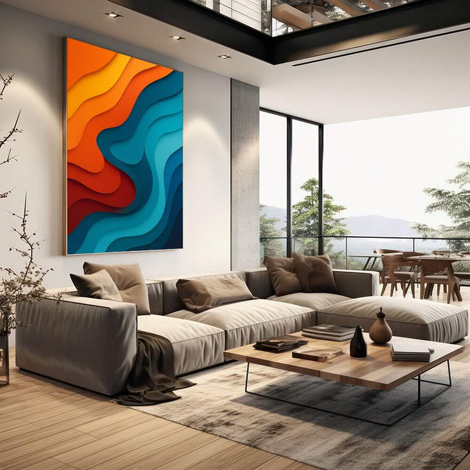 Quadro Decorativo Abstrato Vibrante | quadros decorativos | Ondas abstratas em papel recortado laranja, vermelho e azul turquesa em composição fluida e dinâmica. | em Quadros para Escritorio | Porao dos Quadros