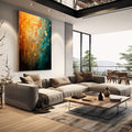Quadro Decorativo Laranja e Verde Sofisticado | quadros decorativos | Pintura abstrata com degradê de laranja queimado, dourado e verde esmeralda profundo com traços verticais. | em Quadros para Escritorio | Porao dos Quadros