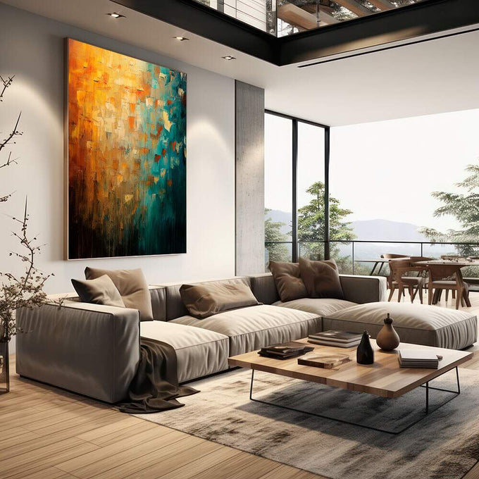 Quadro Decorativo Laranja e Verde Sofisticado | quadros decorativos | Pintura abstrata com degradê de laranja queimado, dourado e verde esmeralda profundo com traços verticais. | em Quadros para Escritorio | Porao dos Quadros