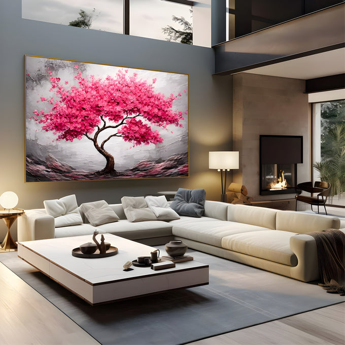 Árvore cerejeira com copa rosa florida e tronco retorcido sobre fundo cinza texturizado, quadro decorativo