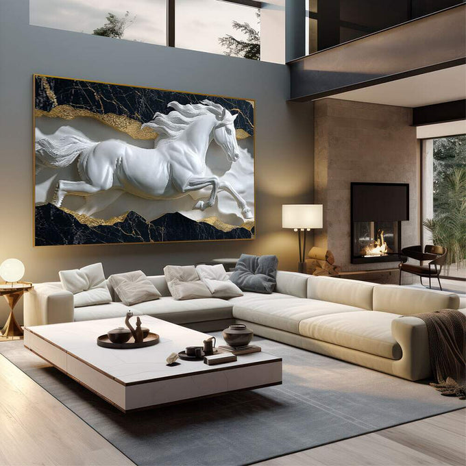 Quadro Decorativo Escultura de Cavalo Branco em Movimento | quadros decorativos | Cavalo branco em relevo galopando com detalhes dourados sobre fundo de mármore preto | em Quadros para Escritorio | Porao dos Quadros