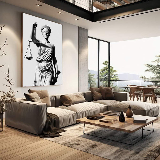 Quadro Decorativo A Justiça em Grande Estilo | quadros decorativos | Deusa Justiça com venda, espada e balança em traço realista preto e branco. | em Quadros para Escritorio | Porao dos Quadros
