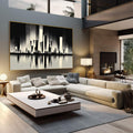 Quadro Decorativo Urbano Moderna | quadros decorativos | Skyline urbano em preto e branco com reflexo simétrico em água, técnica pontilhista | em Quadros para Escritorio | Porao dos Quadros