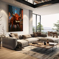 Quadro Decorativo Joyful Bull Vermelho Urbano | quadros decorativos | Touro vermelho com chifres dourados segurando nota de dólar em Times Square urbano. | em Quadros para Escritorio | Porao dos Quadros