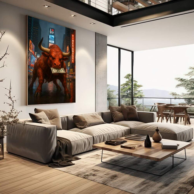 Quadro Decorativo Joyful Bull Vermelho Urbano | quadros decorativos | Touro vermelho com chifres dourados segurando nota de dólar em Times Square urbano. | em Quadros para Escritorio | Porao dos Quadros