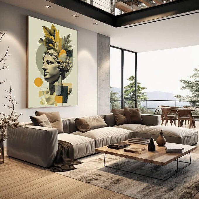 Escultura de Serenidade: Quadro Moderno | quadros decorativos | Busto clássico em bege com plantas verdes e amarelas, formas geométricas em laranja e preto | em Quadros para Escritorio | Porao dos Quadros
