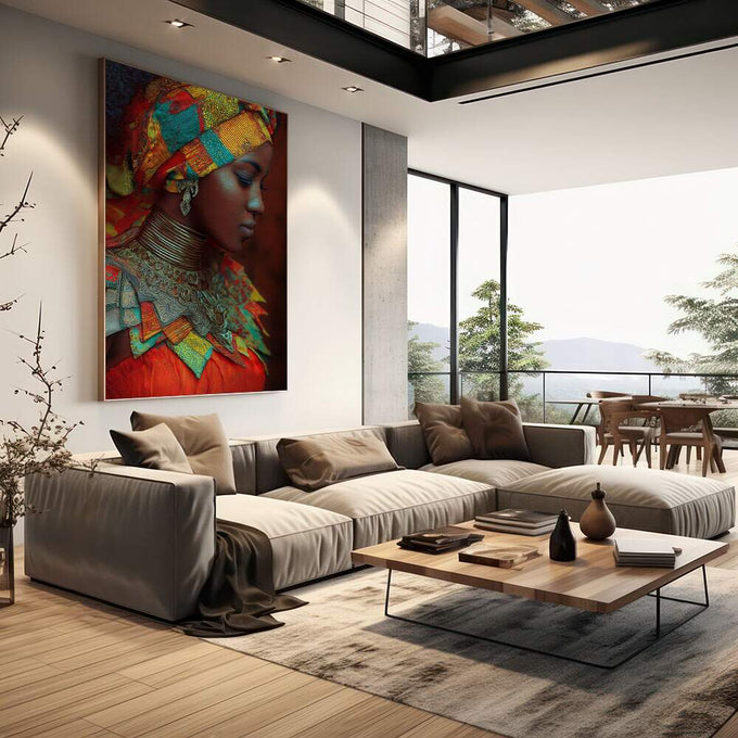 Quadro Decorativo Retrato Feminino Vibrante | quadros decorativos | Mulher africana em perfil com adornos coloridos, padrões geométricos e detalhes em dourado | em Quadros para Escritorio | Porao dos Quadros