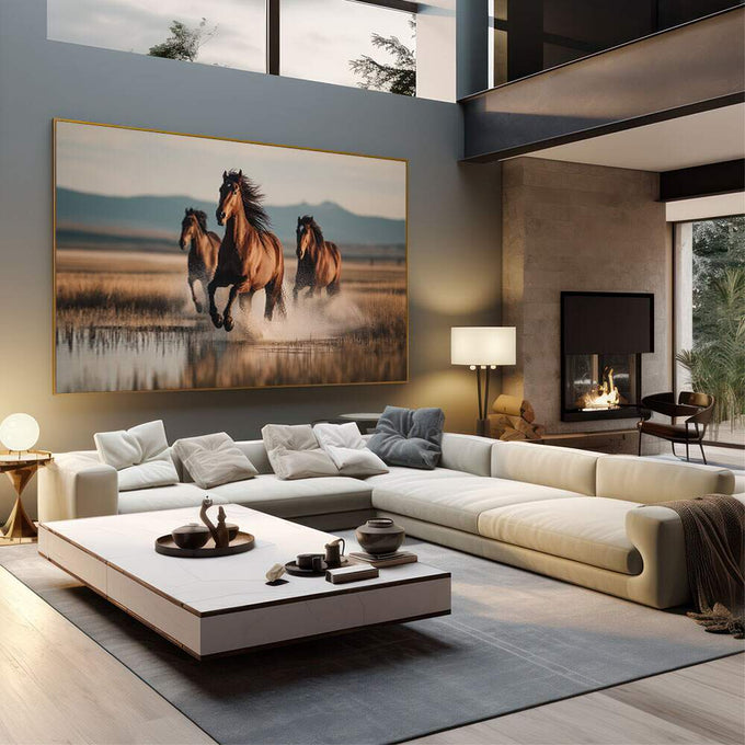 Quadro Decorativo Cavalos Galopando Livres | quadros decorativos | Três cavalos selvagens em galope pela água com luz dourada ao fundo montanhoso. | em Quadros para Escritorio | Porao dos Quadros
