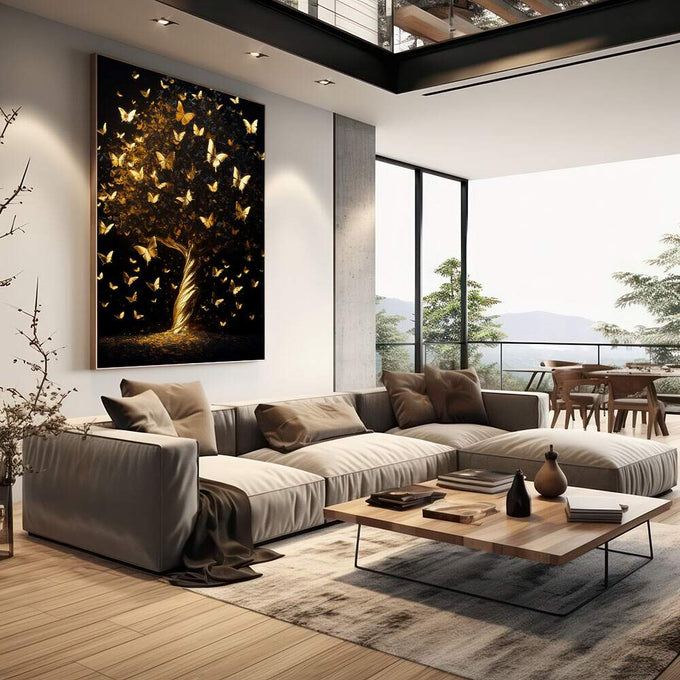 Quadro Decorativo Árvore Elegante em Dourado | quadros decorativos | Árvore dourada com borboletas douradas ascendendo em fundo preto escuro. | em Quadros para Escritorio | Porao dos Quadros