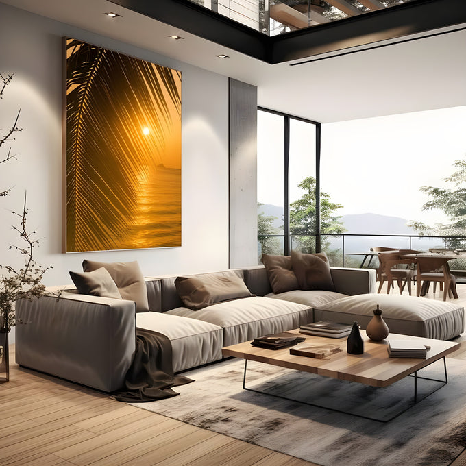 Folha de palmeira em silhueta diante do sol se pondo sobre o mar dourado, quadro decorativo