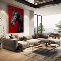 Quadro Decorativo Cavalo Negro em Vermelho | quadros decorativos | Cavalo preto e cinza em perfil com fundo vermelho vibrante, composição vertical realista. | em Quadros para Escritorio | Porao dos Quadros