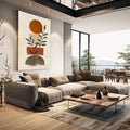 Quadro Decorativo Geometria com Aconchego | quadros decorativos | Planta delicada com folhas em formas geométricas, sol laranja e bases cinza em composição minimalista. | em Quadros para Escritorio | Porao dos Quadros