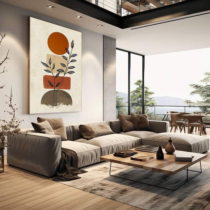 Quadro Decorativo Geometria com Aconchego | quadros decorativos | Planta delicada com folhas em formas geométricas, sol laranja e bases cinza em composição minimalista. | em Quadros para Escritorio | Porao dos Quadros