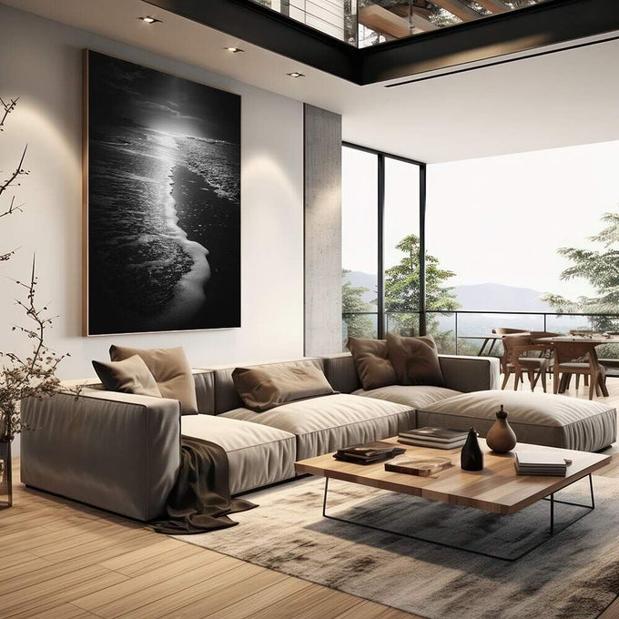 Quadro Decorativo Serenity Beach | quadros decorativos | Paisagem noturna com lua refletida em água calma em preto e branco vertical | em Quadros para Escritorio | Porao dos Quadros