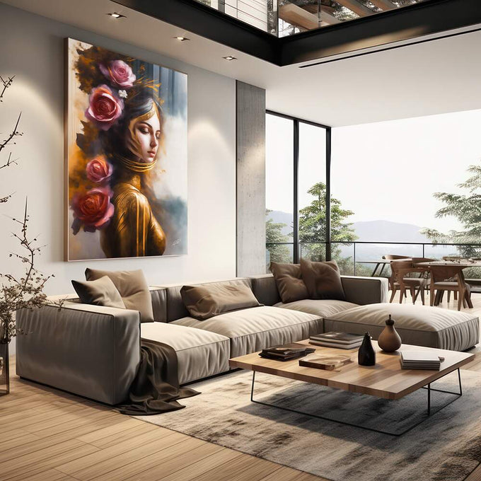 Quadro Decorativo: Elegância de uma Mulher Japonesa Floral | quadros decorativos | Mulher em perfil com rosas rosa e vermelhas em tons dourados e quentes | em Quadros para Escritorio | Porao dos Quadros