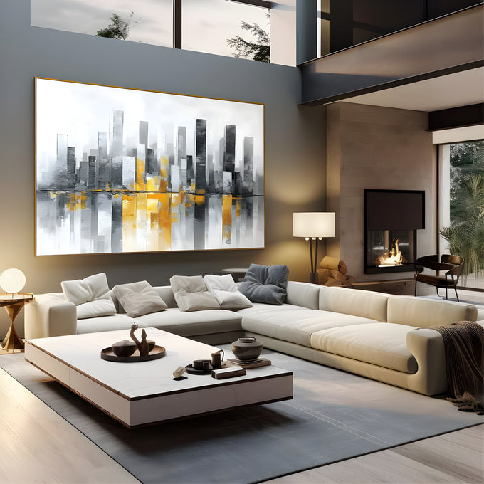 Skyline abstrato de cidade em cinza, preto e branco com reflexos amarelos na água, quadro decorativo