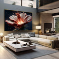 Quadro Decorativo Hibisco Radiante Sofisticado | quadros decorativos | Flor vermelha com pétalas abertas em explosão de luz branca e movimento dinâmico. | em Quadros para Escritorio | Porao dos Quadros