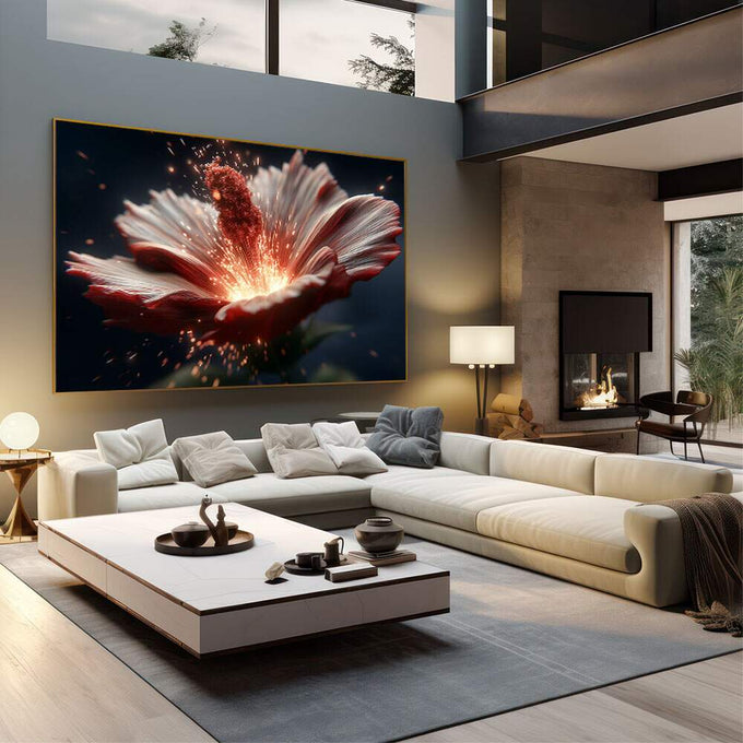 Quadro Decorativo Hibisco Radiante Sofisticado | quadros decorativos | Flor vermelha com pétalas abertas em explosão de luz branca e movimento dinâmico. | em Quadros para Escritorio | Porao dos Quadros