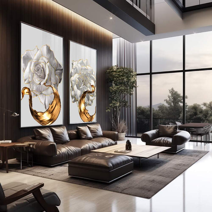 Quadro Decorativo: Sinfonia Floral em Tons Pastéis | quadros decorativos | Rosas brancas volumosas com detalhes fluindo em dourado metálico em composição realista e luxuosa | em Quadros para Escritorio | Porao dos Quadros