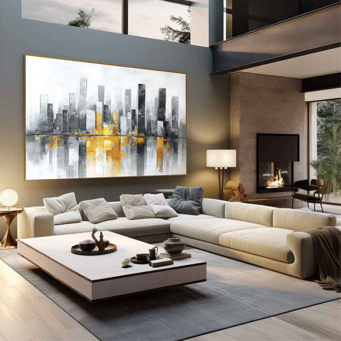 Quadro Decorativo Urbano Cinza e Amarelo | quadros decorativos | Skyline urbano em tons de cinza e dourado com reflexo em água em composição horizontal | em Quadros para Escritorio | Porao dos Quadros