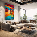 Quadro Decorativo Harmonia Rural Vibrante | quadros decorativos | Casarão rosa em paisagem abstrata com camadas de laranja, azul e vermelho vibrantes | em Quadros para Escritorio | Porao dos Quadros