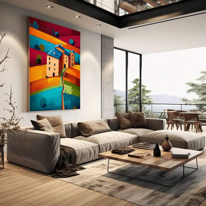 Quadro Decorativo Harmonia Rural Vibrante | quadros decorativos | Casarão rosa em paisagem abstrata com camadas de laranja, azul e vermelho vibrantes | em Quadros para Escritorio | Porao dos Quadros