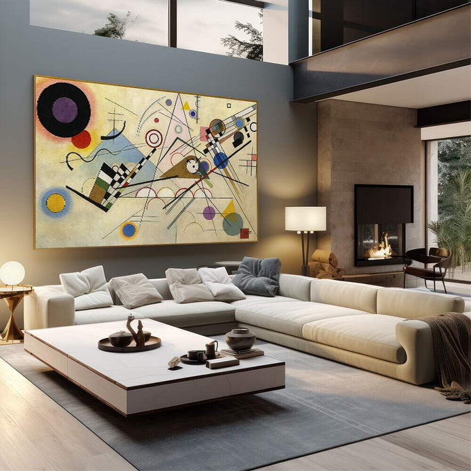 Quadro Decorativo Minimalista Enérgico | quadros decorativos | Composição abstrata geométrica com círculos, linhas e formas em azul, vermelho, amarelo e preto sobre fundo bege. | em Quadros para Escritorio | Porao dos Quadros