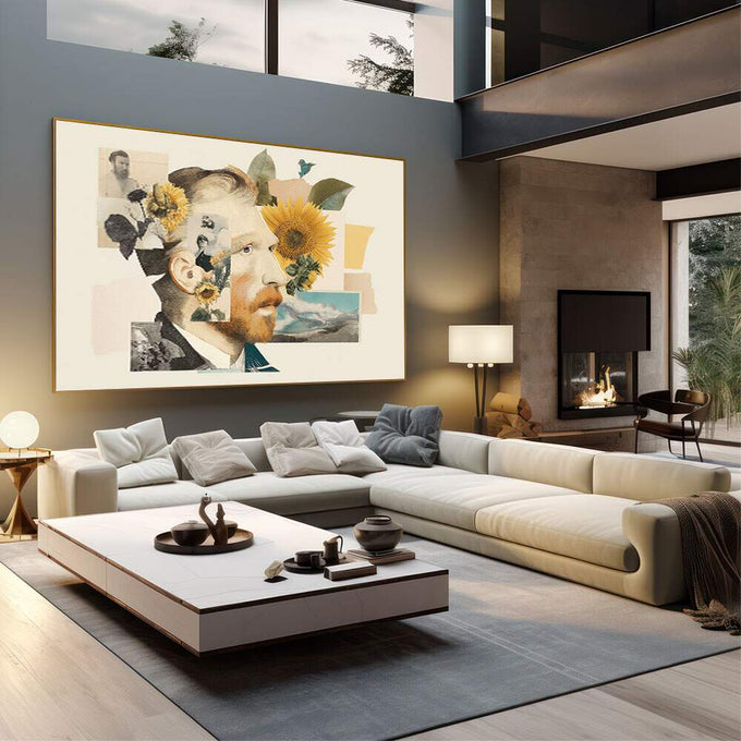 Quadro Decorativo - Retrato Vibrante em Colagem | quadros decorativos | Retrato em colagem artística com girassol, folhas e paisagem montanhosa em tons bege e dourado | em Quadros para Escritorio | Porao dos Quadros