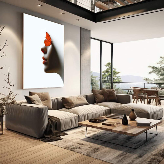 Quadro Decorativo Artística com Borboleta Laranja | quadros decorativos | Perfil feminino em tons neutros com borboleta laranja vibrante sobre a testa em composição artística. | em Quadros para Escritorio | Porao dos Quadros