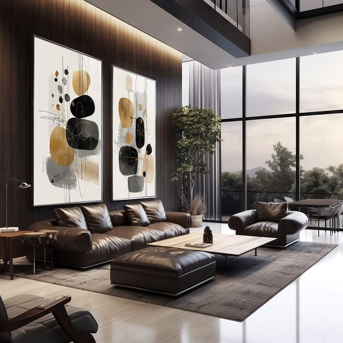 Quadro Decorativo Abstrato Dual Elegante | quadros decorativos | Quadro com formas geométricas abstratas em preto, dourado e branco em composição minimalista equilibrada. | em Quadros para Escritorio | Porao dos Quadros