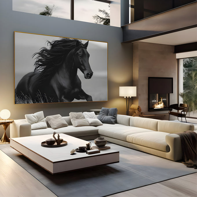 Cavalo negro com crina esvoaçante ao vento em fotografia preto e branco, quadro decorativo