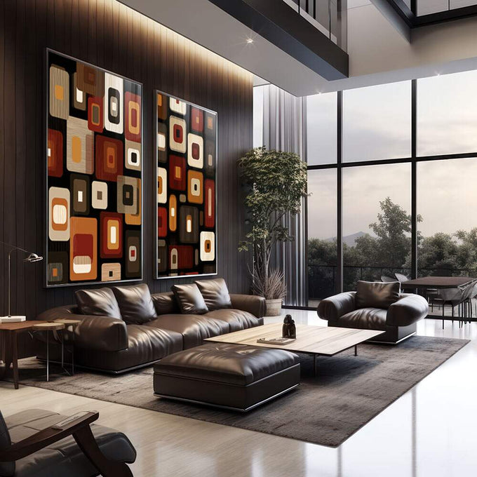 Quadro Decorativo Geometria Vibrante | quadros decorativos | Padrão geométrico retrô em tons de terracota, laranja, bege e preto com texturas modulares | em Quadros para Escritorio | Porao dos Quadros