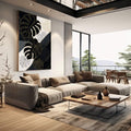 Quadro Decorativo Folha Monstera com Elegância | quadros decorativos | Folhas de monstera em preto, branco e dourado com linhas delicadas em composição moderna. | em Quadros para Escritorio | Porao dos Quadros