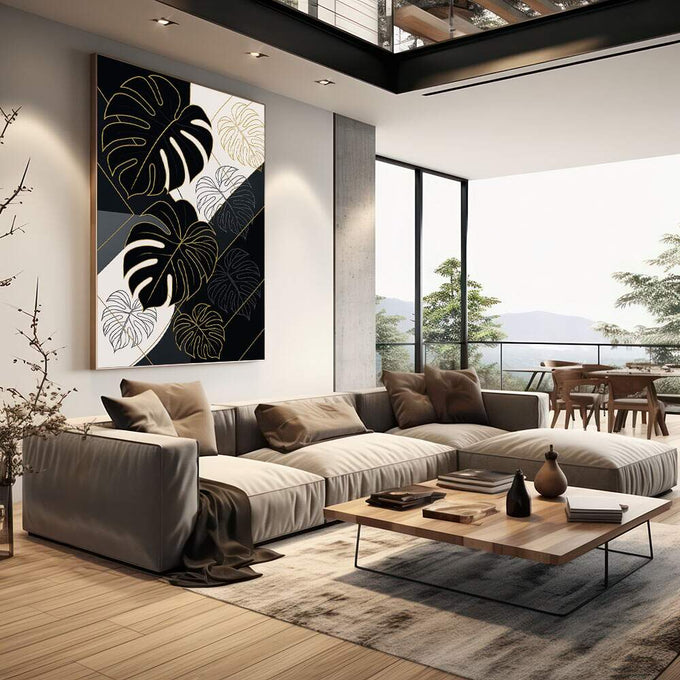 Quadro Decorativo Folha Monstera com Elegância | quadros decorativos | Folhas de monstera em preto, branco e dourado com linhas delicadas em composição moderna. | em Quadros para Escritorio | Porao dos Quadros